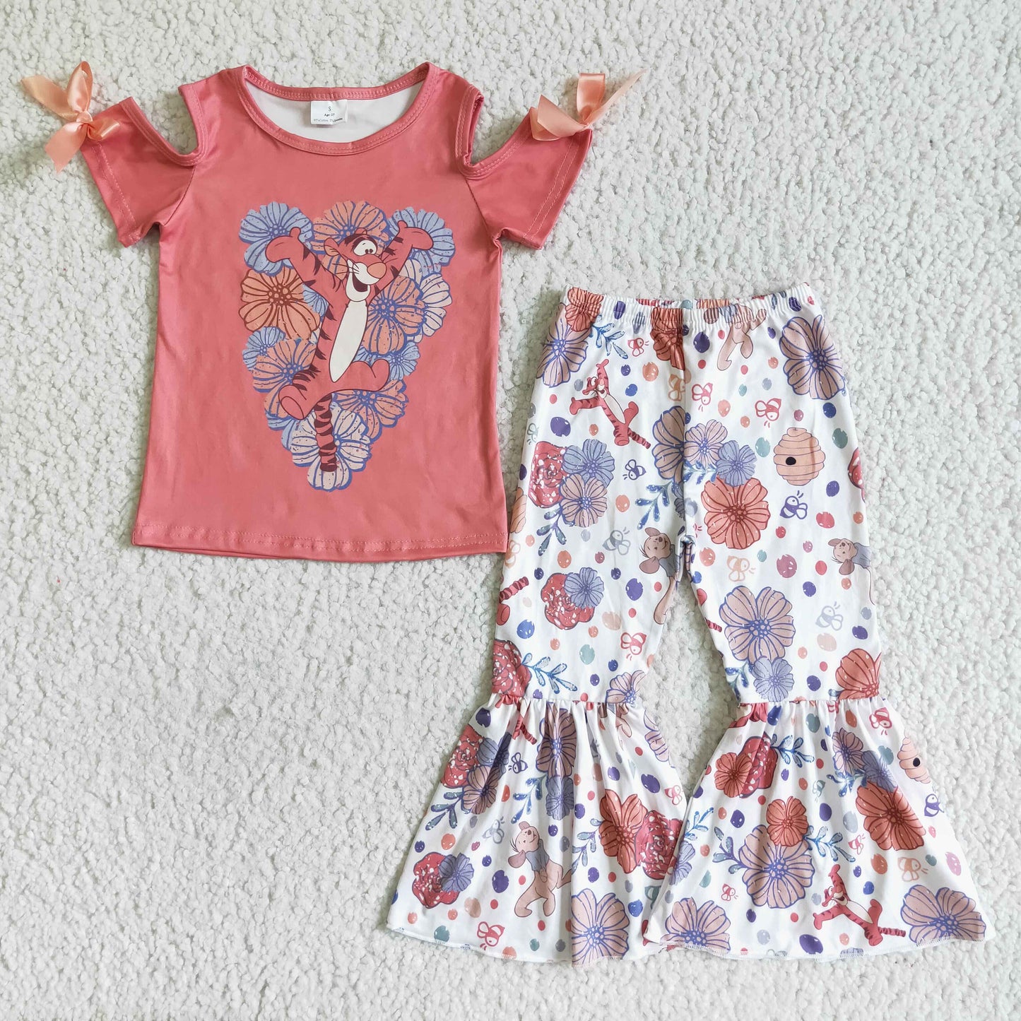 GSPO0145 Red Tiger Cartoon Floral Ruffles Girls Short Sleeve Bell Bottom Pants Outfits