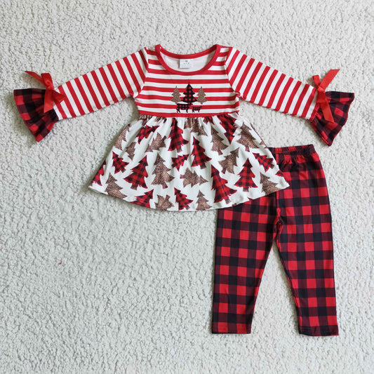 GLP0084 Christmas Tree Red Plaid Stripes Leopard Tunic Girls Long Sleeve Pants Outfits