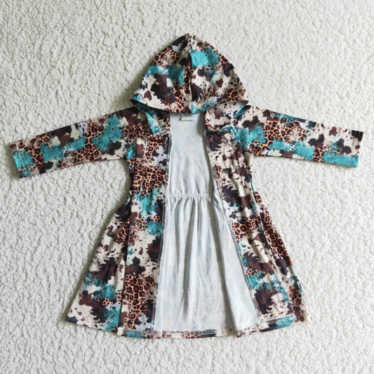 Promotion RTS GT0027 Blue Brown Cow Print Hoodies Girls Long Sleeve Dresses