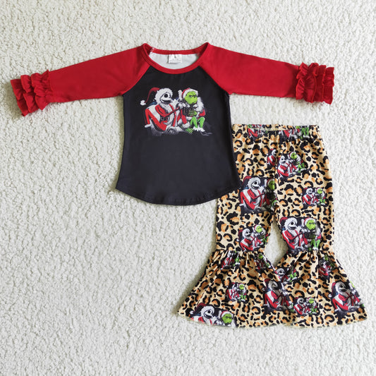 6 C9-22 Christmas Red Raglan Leopard Girls Short Sleeve Bell Bottom Pants Outfits