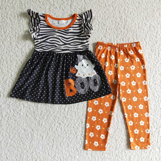 GSPO0169 Halloween Pumpkin Black Orange Dots Ghost Cartoon Tunic Girls Short Sleeve Pants Outfits