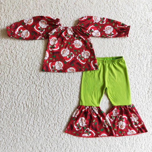 GLP0159 Christmas Green Red Santa Cartoon Girls Long Sleeve Bell Bottom Pants Outfits