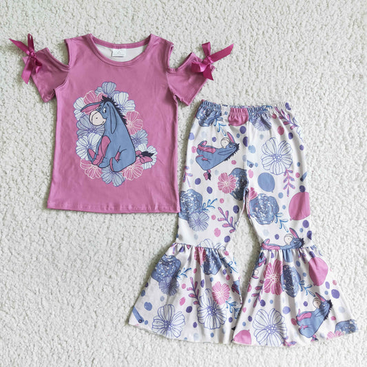 GSPO0144 Pink Purple Donkey Cartoon Floral Ruffles Girls Short Sleeve Bell Bottom Pants Outfits