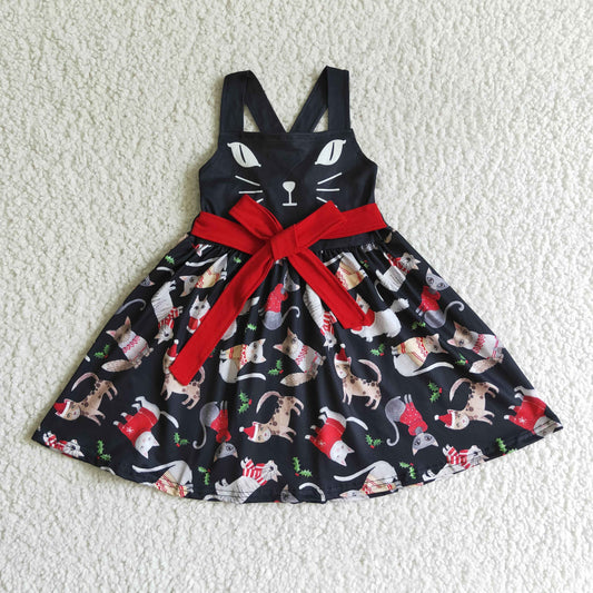 Promotion RTS GSD0140 Christmas Red Black Cat Cartoon Girls Short Sleeve Dresses