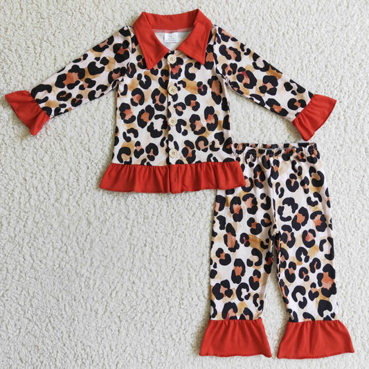 GLP0307 Orange Red Leopard Collar Girls Long Sleeve Pants Outfits Pajamas
