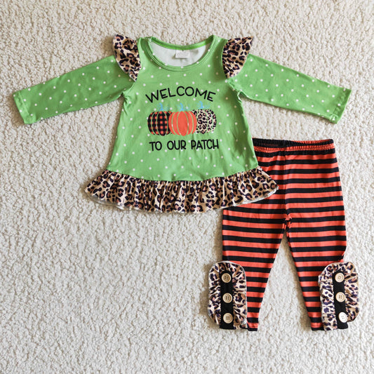 GLP0038 Halloween Pumpkin Orange Green Red Stripes Leopard Welcome To Our Patch Girls Long Sleeve Pants Outfits