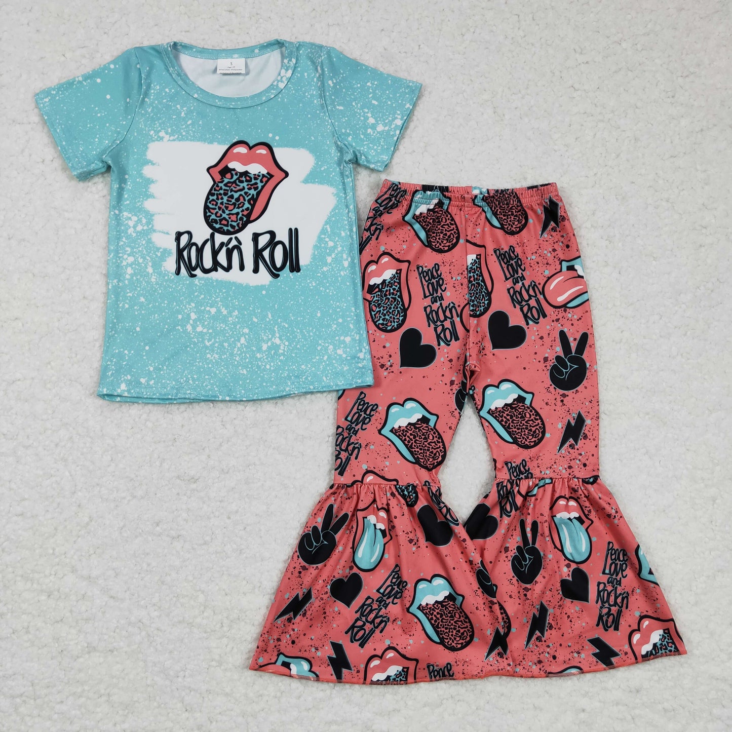 promotion RTS GSPO0255 Pink Leopard Blue Bleach Lip Mouth Music Band Singer Cartoon Girls Short Sleeve Bell Bottom Pants Outfits