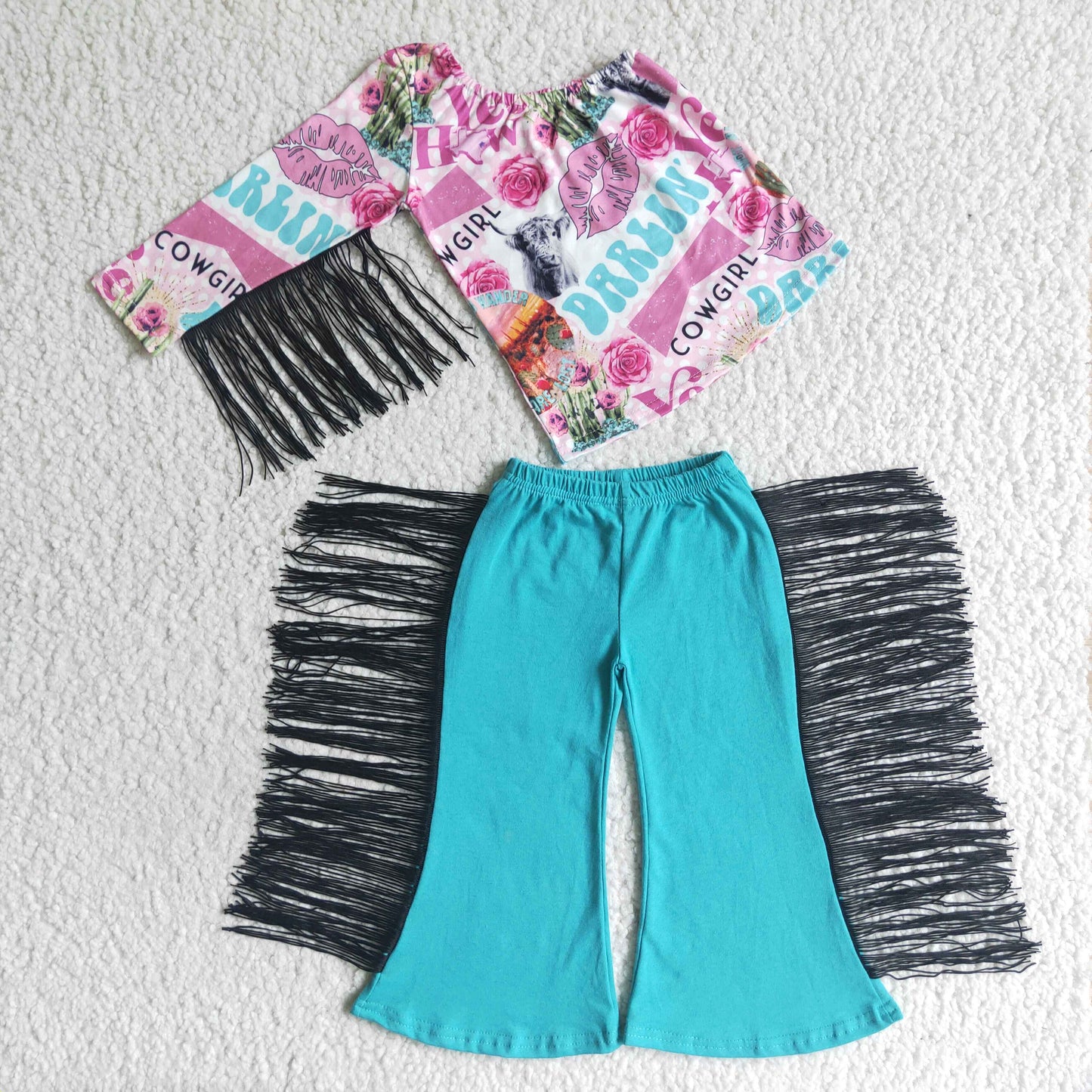 GSPO0141 Blue Pink Cowgirl Western Single Sleeve Tassel Girls Short Sleeve Bell Bottom Pants Outfits