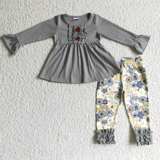 6 A11-28 Grey yellow Floral Tunic Girls Long Sleeve Pants Outfits