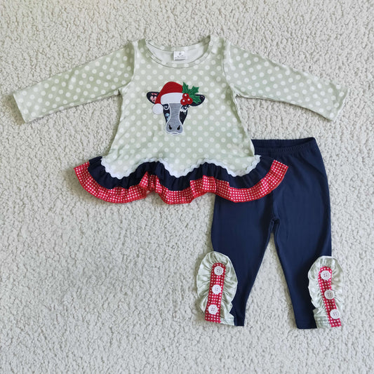 GLP0036 Christmas Green Blue Cows Cartoon Embroidery Tunic Girls Long Sleeve Pants Outfits