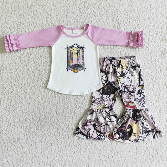 6 A27-3 Halloween Purple Cartoon Girls Long Sleeve Bell Bottom Pants Outfits