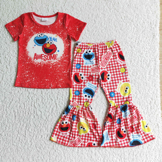 E11-17 Yeah Awesome Red Cartoon Bleach Girls Short Sleeve Bell Bottom Pants Outfits