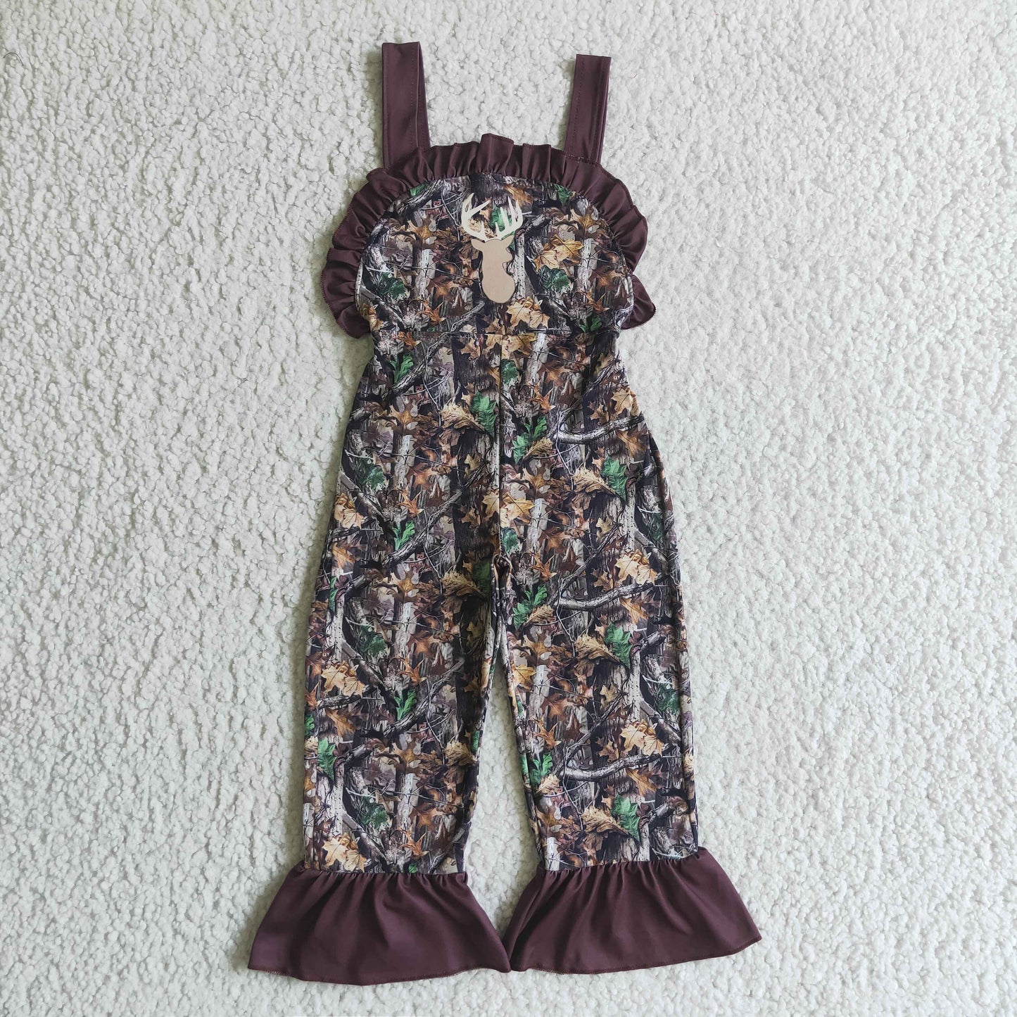 SR0098 Christmas Deer Brown Leaf Leaves Camo Girls Sleeveless Jumpsuit Overall Pants