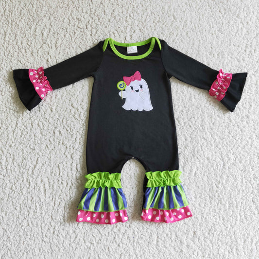 LR0133 Halloween Pink Ghost Cartoon Green Blue Stripes Ruffles Embroidery Girls Long Sleeve Romper