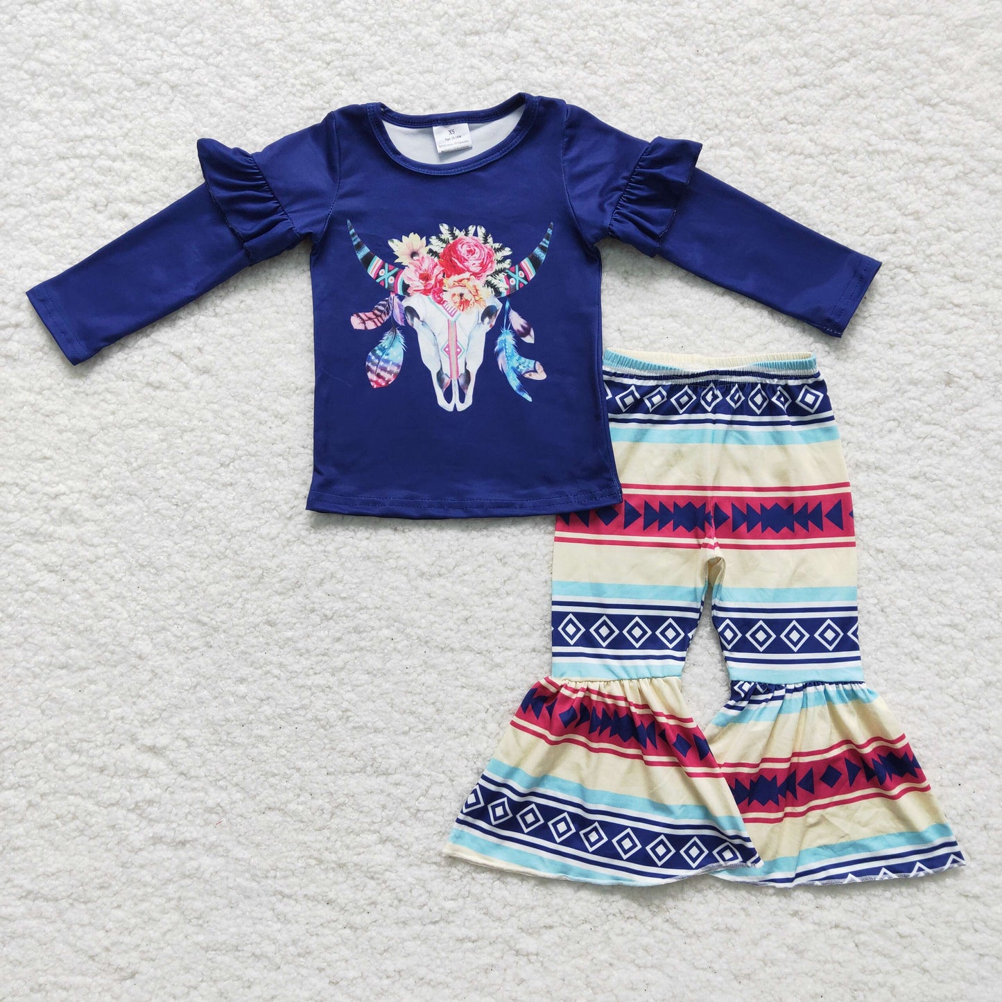 GLP0055 Blue Cow Print Floral Girls Long Sleeve Bell Bottom Pants Outfits