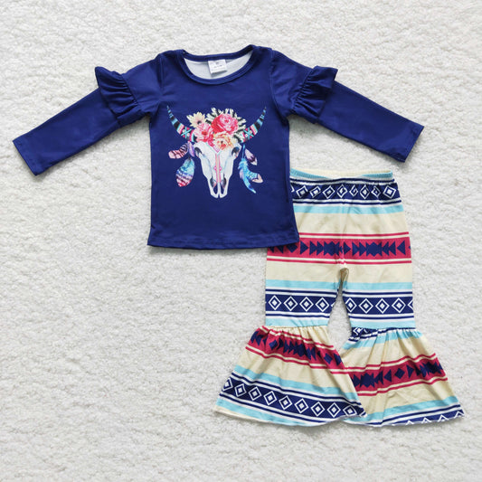 GLP0055 Blue  Cow Print Floral Girls Long Sleeve Bell Bottom Pants Outfits