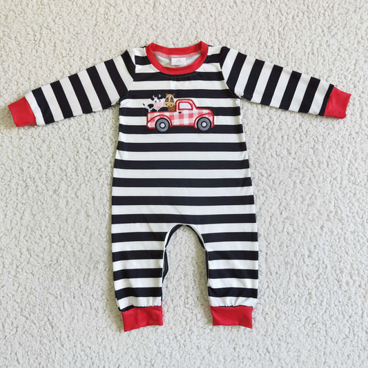 Promotion RTS LR0016 Farm Life Cow Car Red Black Stripes Embroidery Boys Long Sleeve Romper