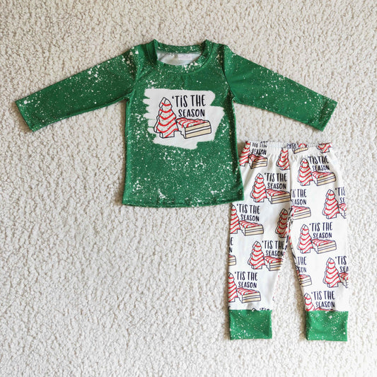promotion BLP0094 Christmas Green Tree Season Boys Long Sleeve Pants Outfits Pajamas