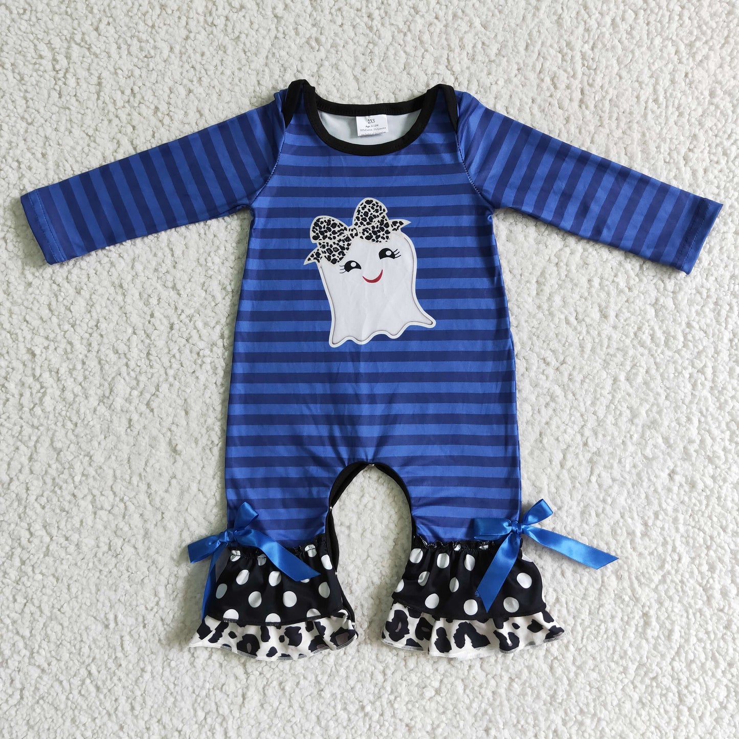 LR0067 Halloween Ghost Cartoon Black Blue Stripes Ruffles Girls Long Sleeve Romper
