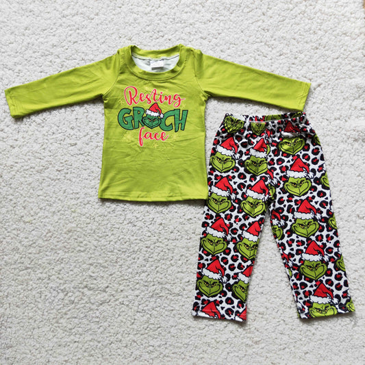 Clearance 6 C10-37  Christmas Green Cartoon Leopard Girls Long Sleeve Bell Bottom Pants Outfits