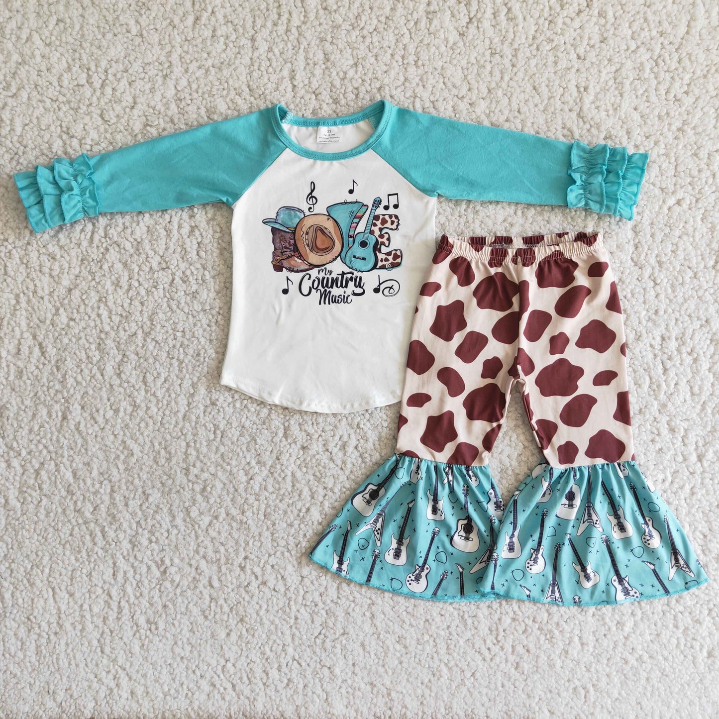 promotion RTS 6 A11-14 Country Music Fashion Guitar Blue Cow Print Girls Long Sleeve Bell Bottom Pants Outfits