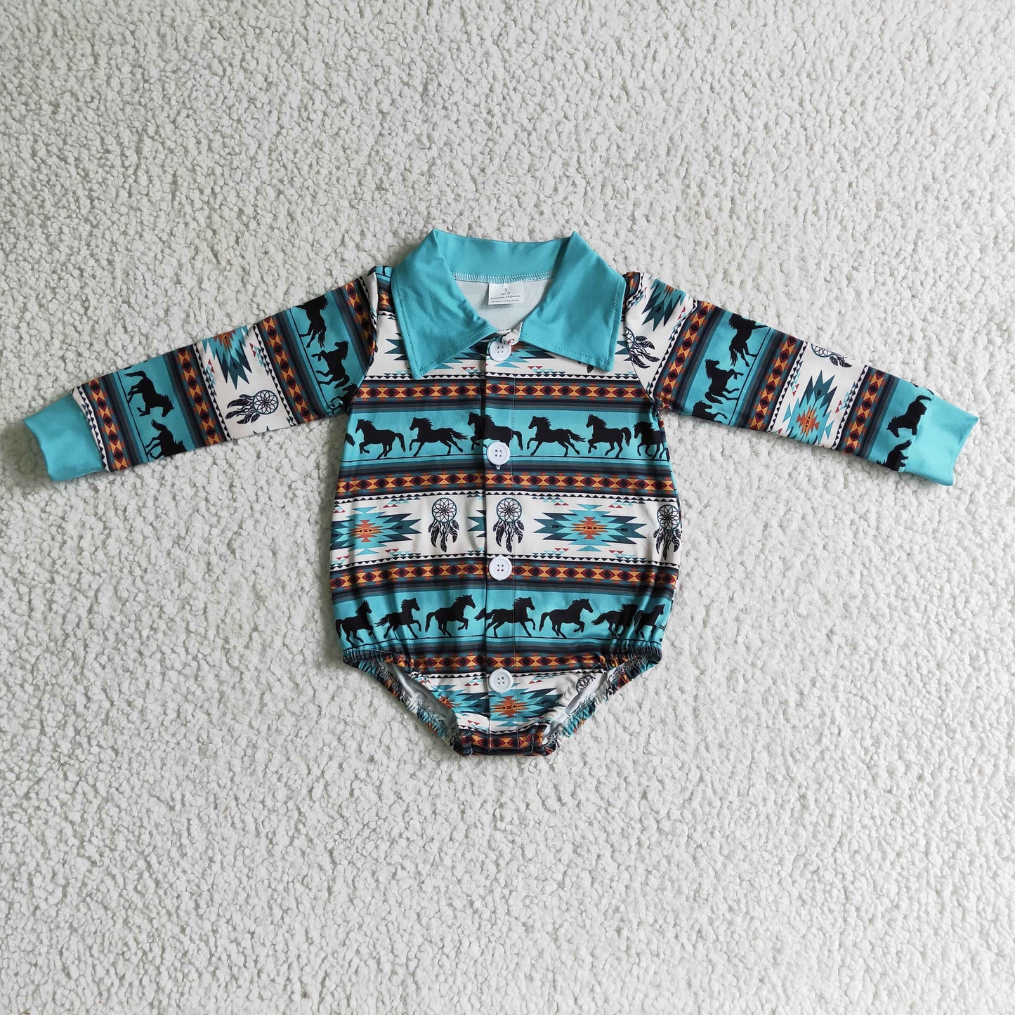 LR0182 Horses Cowboy Blue Western Stripes Dreamcatcher Collar Girls Long Sleeve Romper