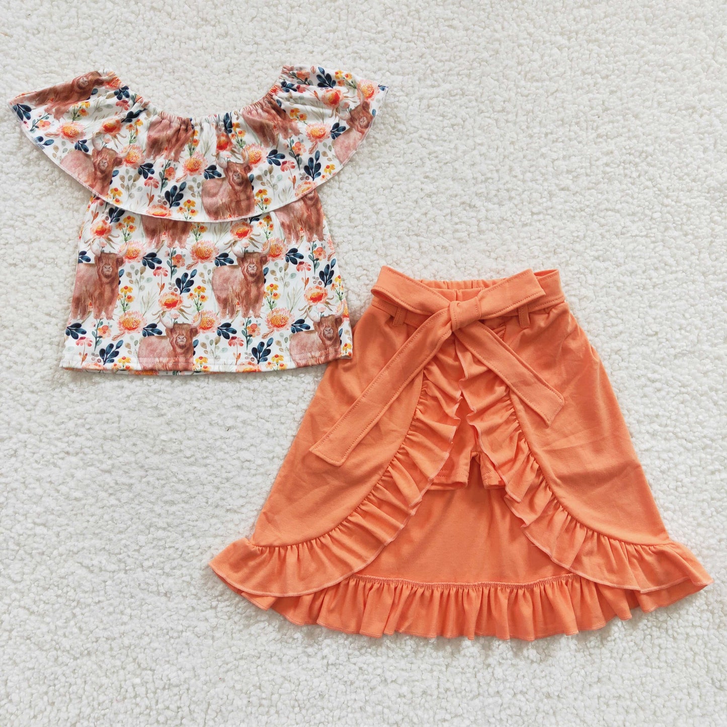 GSSO0184 Orange Highland Cow Floral Girls Short Sleeve With Skirt Dresses Outfits