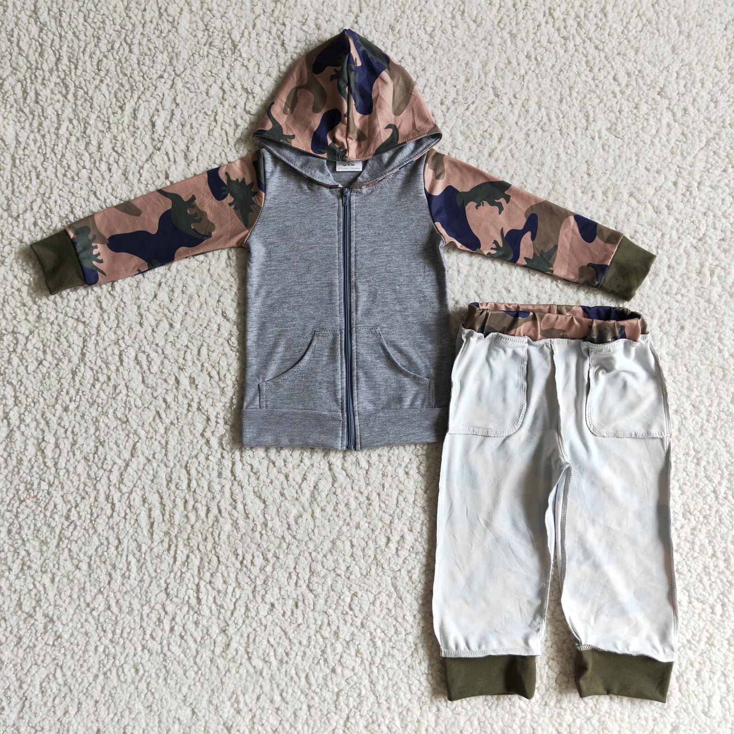 BLP0069 Grey Green Dinosaur Cartoon Boys Long Sleeve Hoodies Outfits