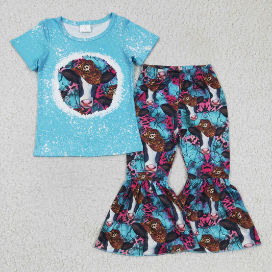 promotion RTS GSPO0304 Blue Bleach Cow Cowboy Western Leopard Girls Short Sleeve Bell Bottom Pants Outfits