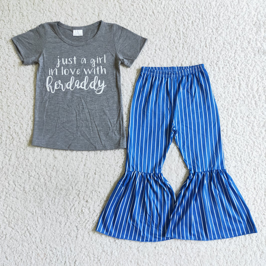 Clearance B8-3 Just A Girl In Love With Her Daddy Blue Stripes Girls Short Sleeve Bell Bottom Pants Outfits