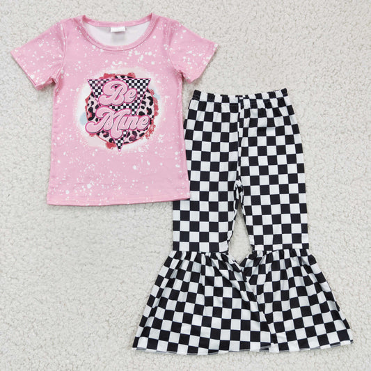 GSPO0282 Pink Bleach Black Plaid Be Mine Leopard Girls Short Sleeve Bell Bottom Pants Outfits