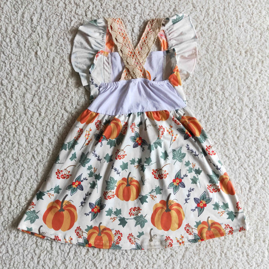 GSD0146 Halloween Orange Pumpkin Floral Lace Pockets Ruffles Embroidery Girls Short Sleeve Dresses