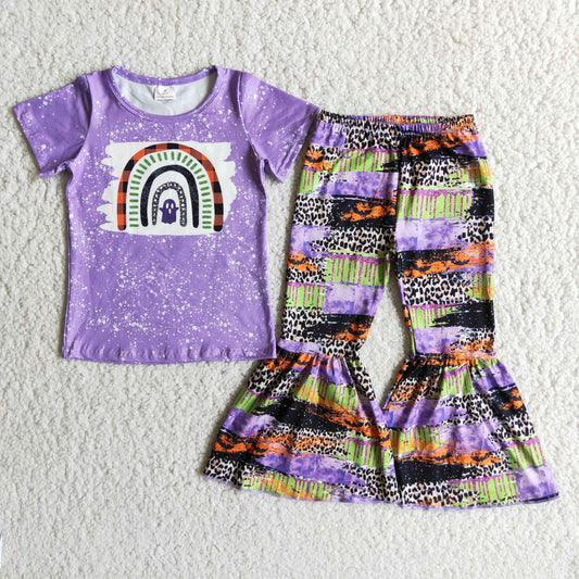 promotion RTS D2-14 Rainbow Purple Bleach Design Short Sleeve Rainbow Fashion Bell-bottom Pants Halloween Set
