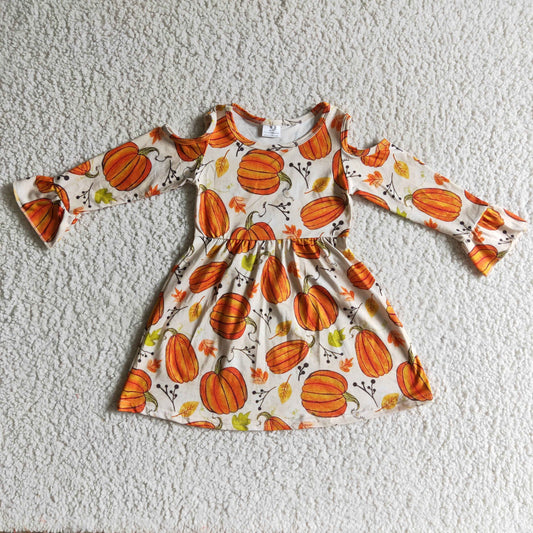 Clearance 6 A12-2 Halloween Floral Yellow Orange Pumpkin Print Baby Girls Long Sleeve Dresses
