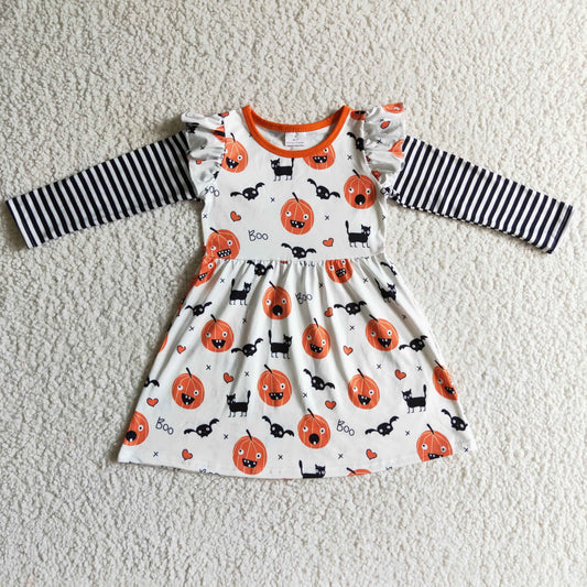 GLD0094 Halloween Orange Pumpkin Bat Cat Cartoon Black Stripes Girls Long Sleeve Dresses