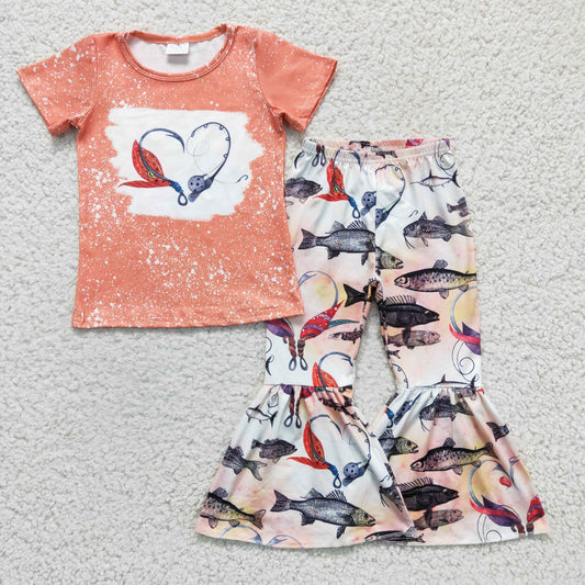 promotion RTS GSPO0258 Valentine Love Fish Orange Girls Short Sleeve Bell Bottom Pants Outfits