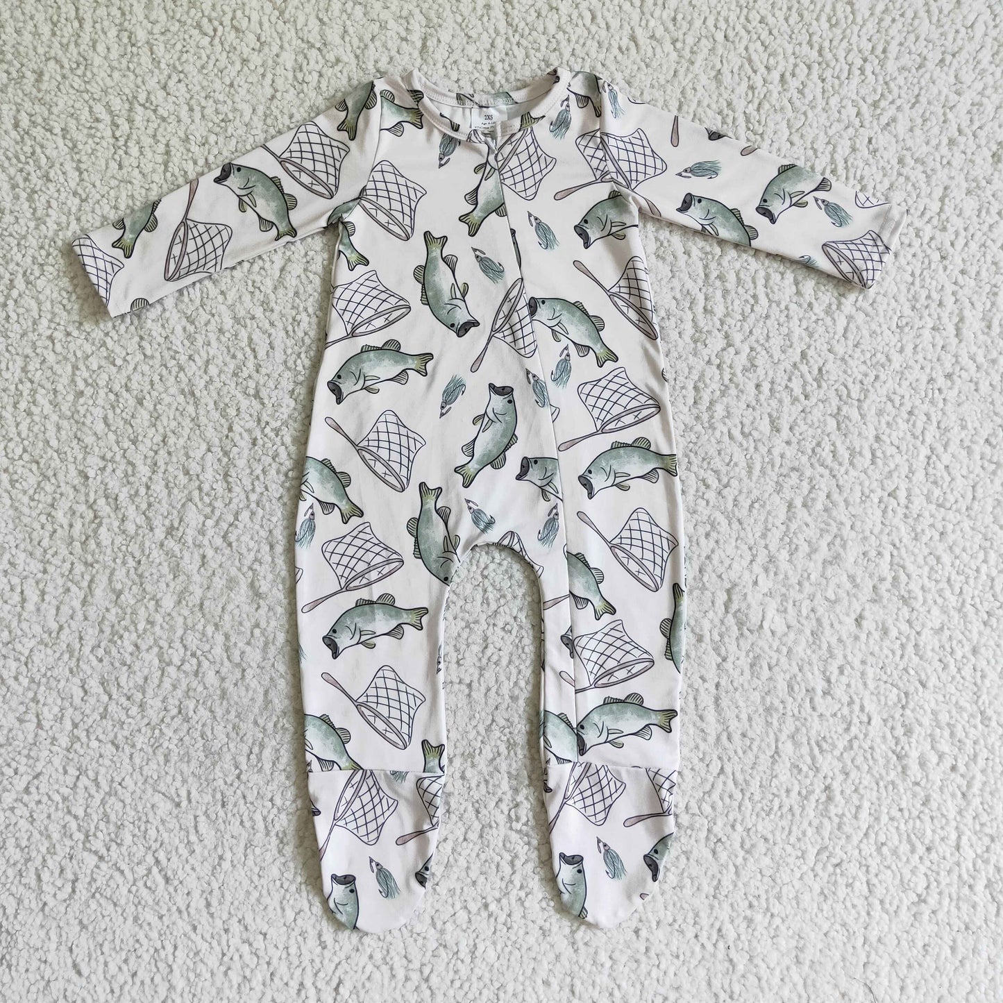 LR0100 Fish Fishing Zipper Girls Long Sleeve Romper