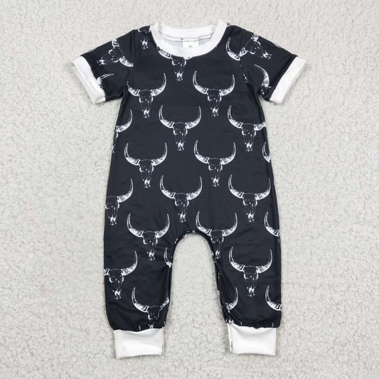 SR0142 Black Highland Cow Boys Short Sleeve Romper