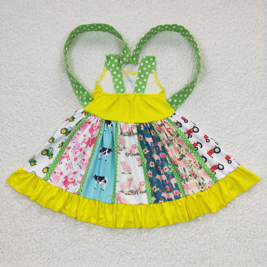 promotion RTS A0-21 Green Yellow Dot Car Truck Print Patchwork Girls Sleeveless Dresses