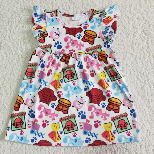 promotion RTS E5-3 Blue Pink Dog Cartoon Girls Short Sleeve Dresses