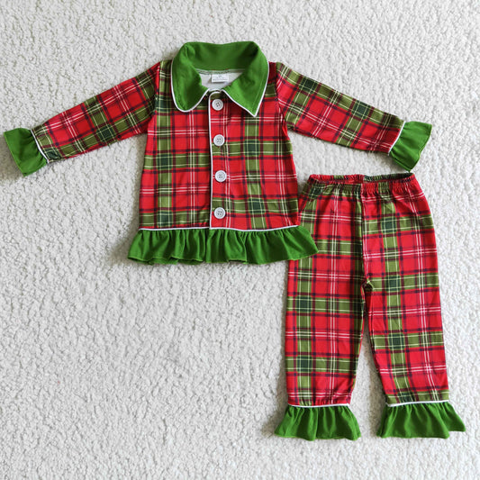 GLP0138 Christmas Green Red Plaid Print Pockets Collar Girls Long Sleeve Pajamas