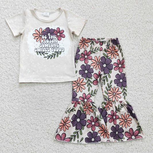 promotion RTS GSPO0348 Floral Flower Be The Reason Someone Smiles Today Girls Short Sleeve Bell Bottom Pants Outfits