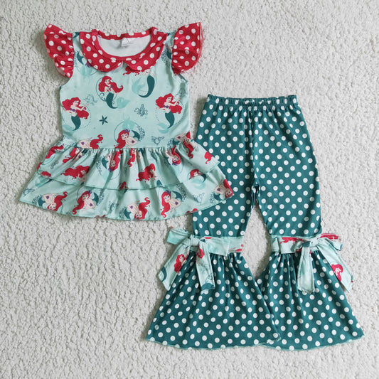 GSPO0201 Christmas Green Red Dots Mermaid Cartoon Girls Short Sleeve Bell Bottom Pants Outfits