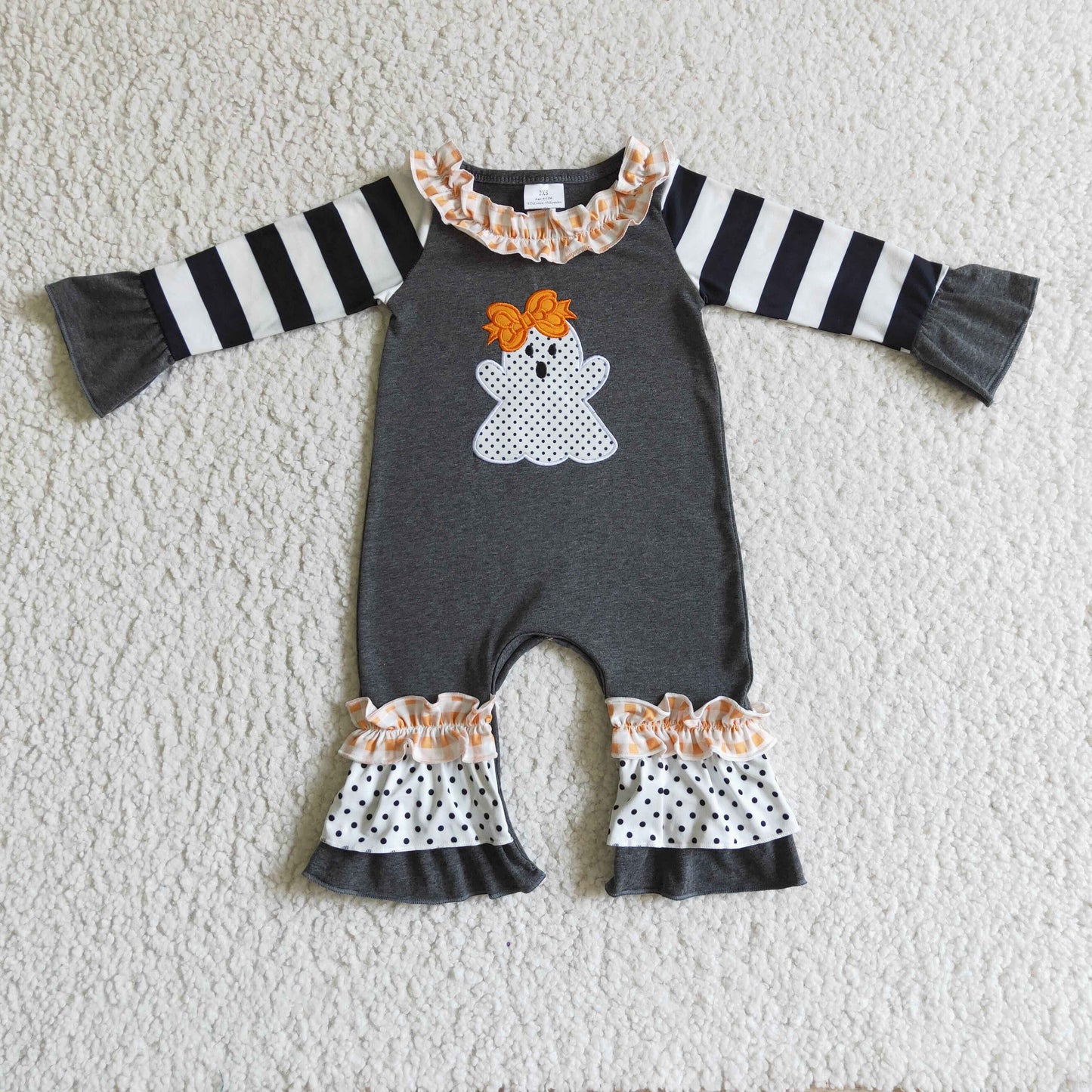 LR0129 Halloween Ghost Cartoon Black Stripes Ruffles Embroidery Girls Long Sleeve Romper