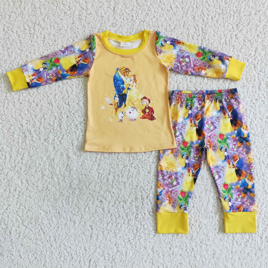 promotion RTS 6 B8-4 Yellow Princess Cartoon Print Girls Long Sleeve Pajamas