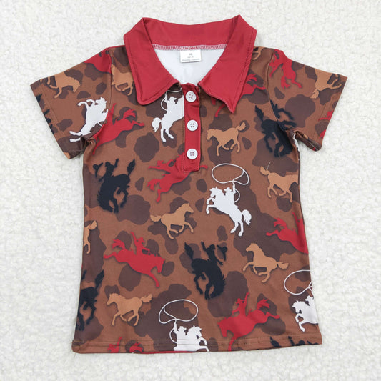 BT0162 Brown Red Rodeo Cowboy Western Boys Short Sleeve Top Collar T-Shirts