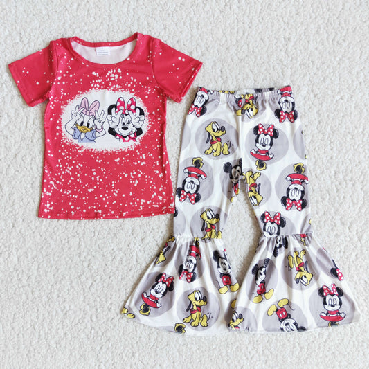 promotion RTS E7-20 Red Pink Bleach Duck Dog Cartoon Girls Short Sleeve Bell Bottom Pants Outfits