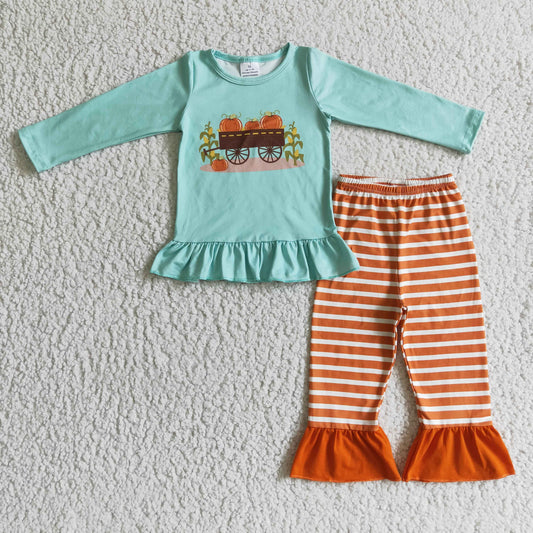 GLP0069 Halloween Pumpkin Orange Stripes Green Girls Long Sleeve Pants Outfits