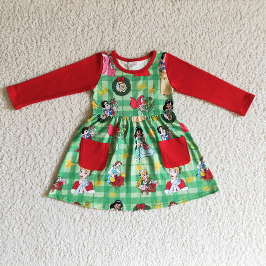 GLD0048 Christmas Red Green Princess Cartoon Pockets Girls Long Sleeve Dresses