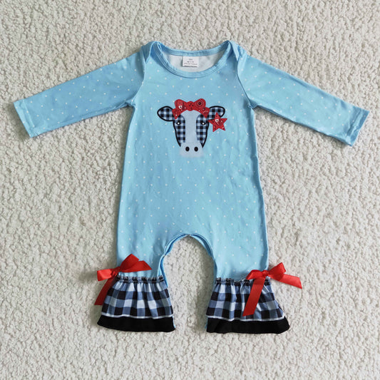 promotion RTS 6 A27-2-1 Blue Red Plaid Cow Girls Long Sleeve Romper